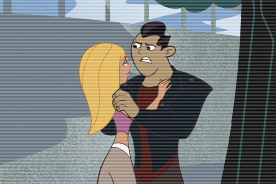 Danny angrily holding Charity’s shoulders