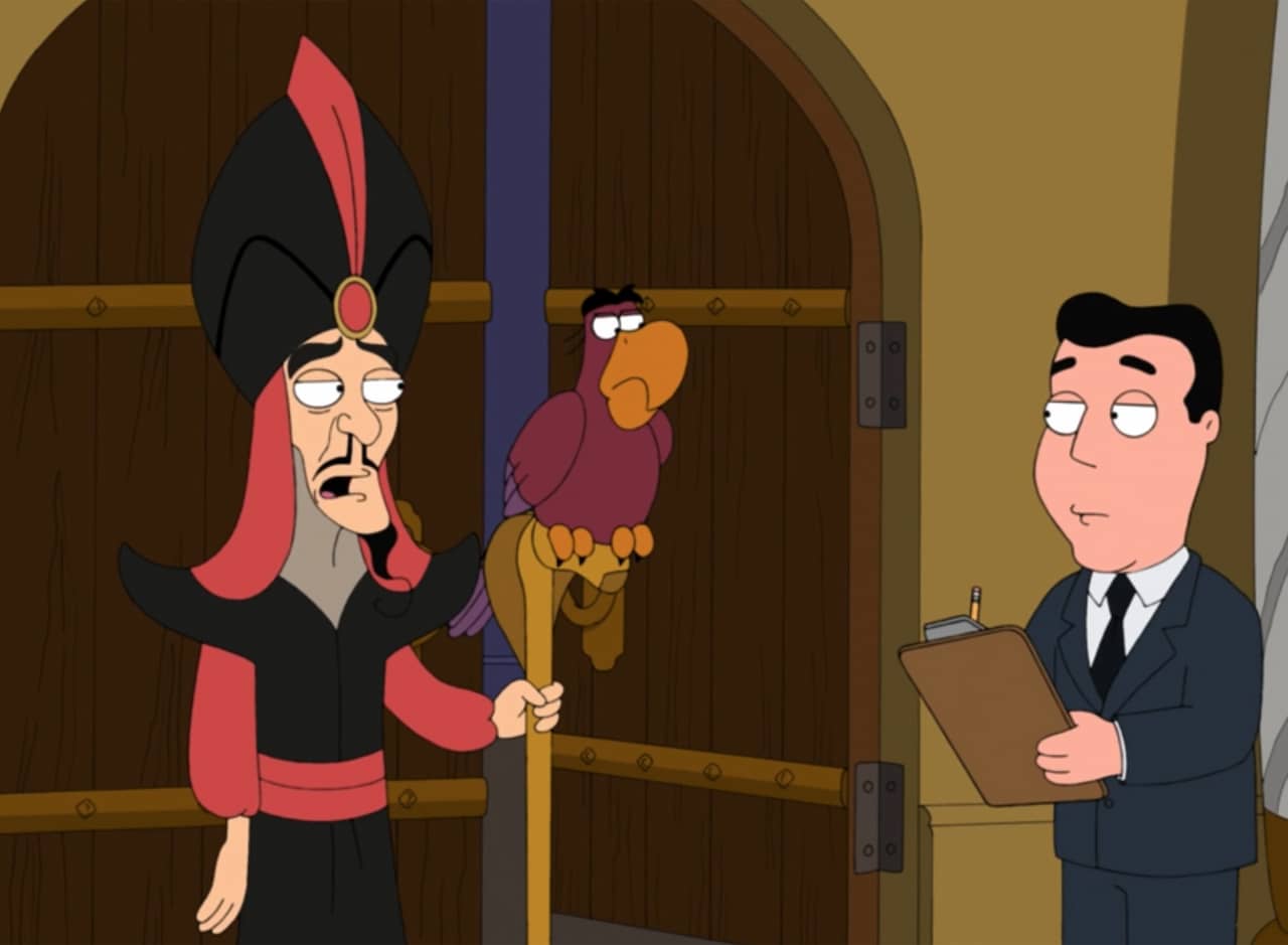 Jafar at the door, Iago on his shoulder, talking to a man holding a clipboard