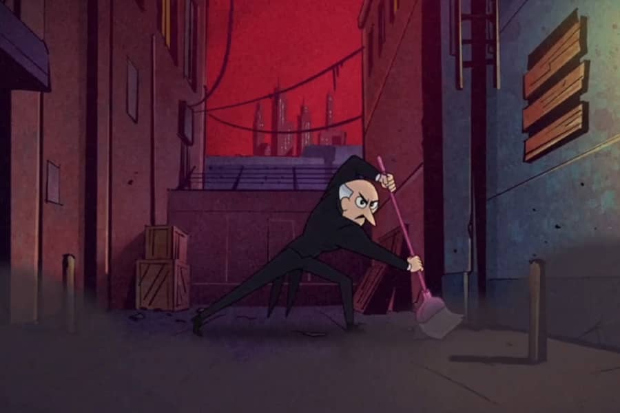 Alfred kicking up dust with a broom