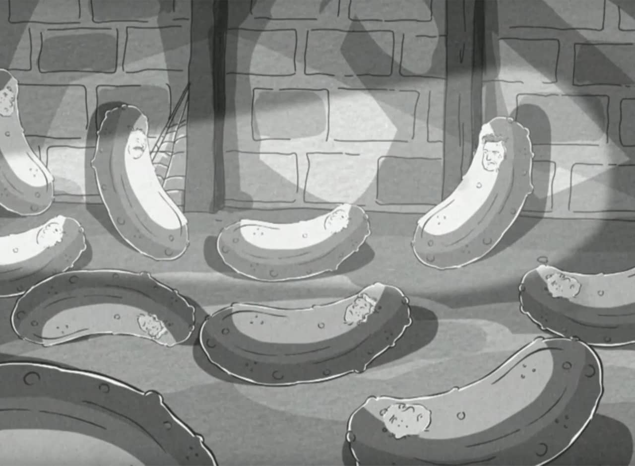 basement full of giant pickles with faces