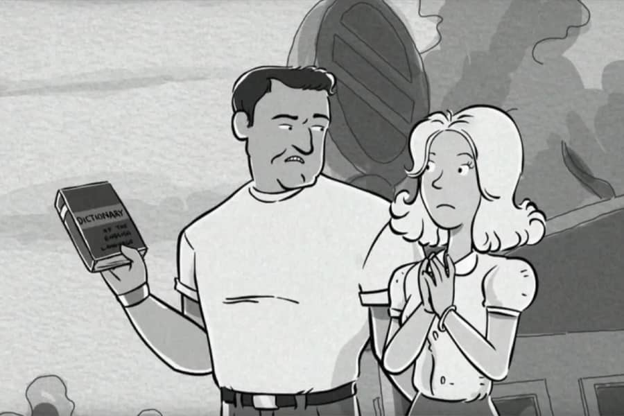 man holding a dictionary with a woman