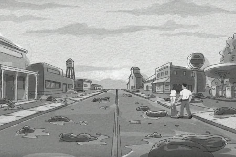 man and woman walking down abandoned street littered with pickle carcasses