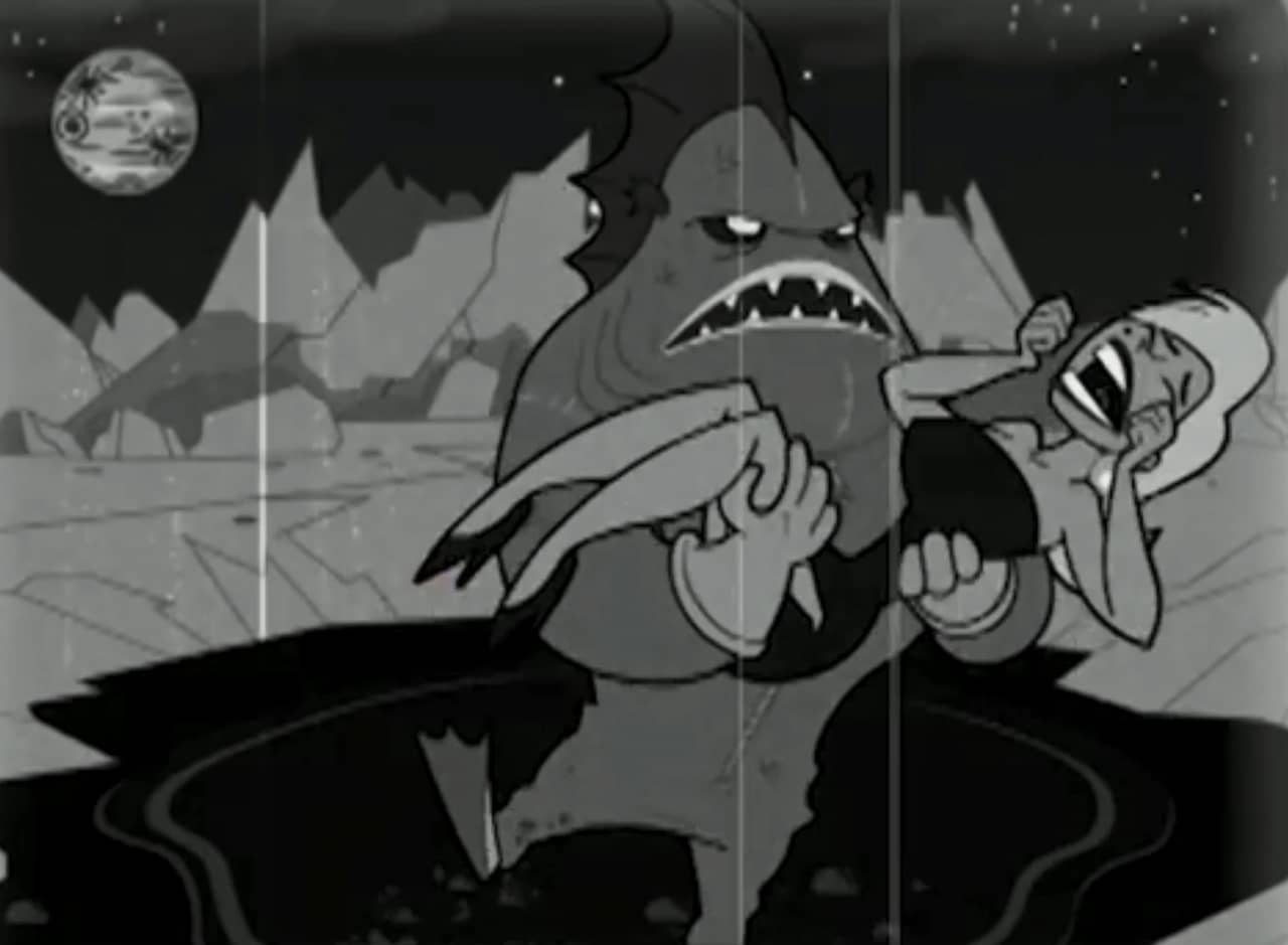 swamp monster alien holding a screaming woman