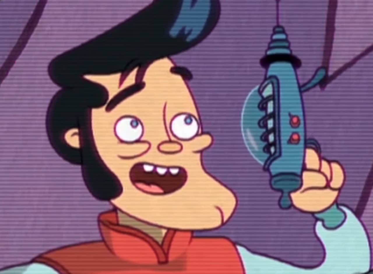 Buck Orpheus in a spacesuit and holding a ray gun