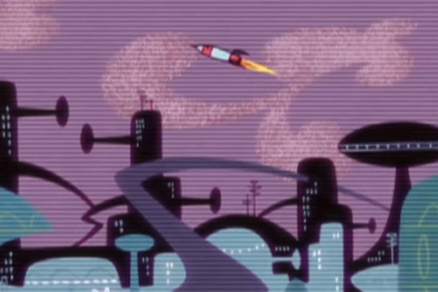 spaceship flying over a futuristic city