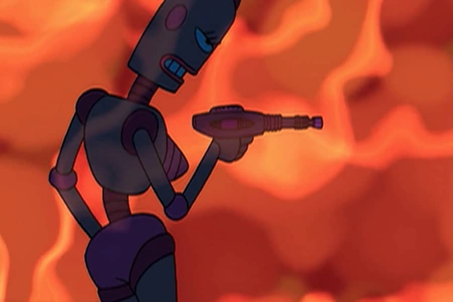 a sexy robot points a gun in a Bond-like hazy intro scene