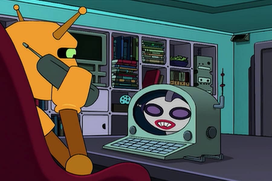 Calculon is speaking to Monique on a video device