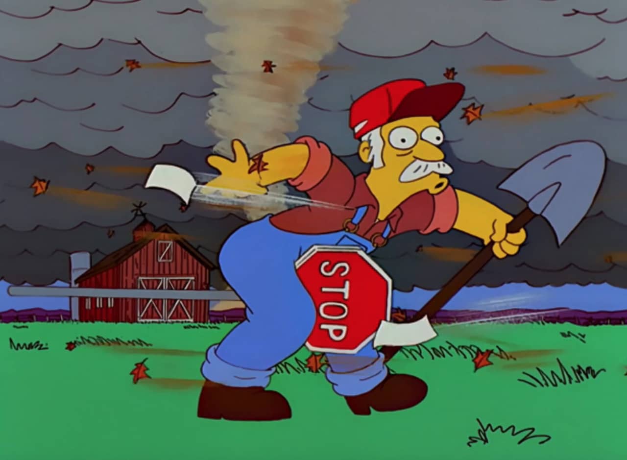 farther getting hit in the nuts with a flying stop sign during a tornado