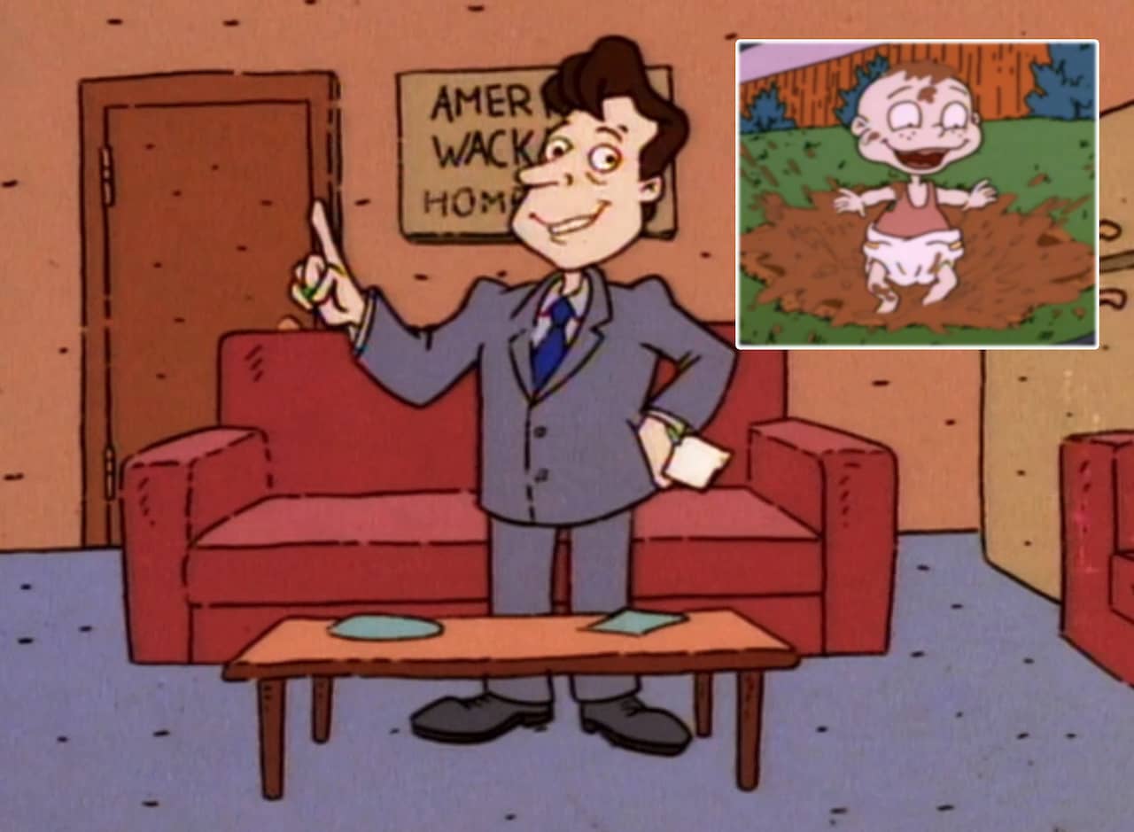 host of the show with an insert shot of a baby playing in mud