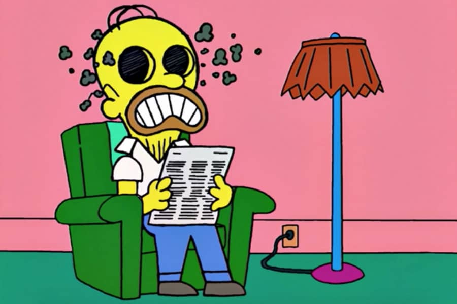 Homer reads the paper and is so angry his head expands and eyes pop out