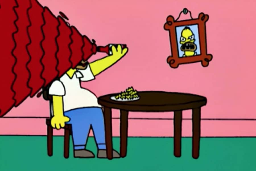 Homer peers into a ketchup bottle and a wave of ketchup engulfs his head