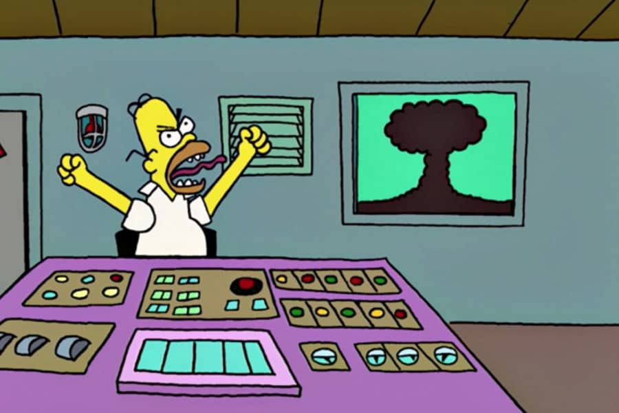 Homer yells in frustration at the nuclear plant as a mushroom cloud emerges in the distance