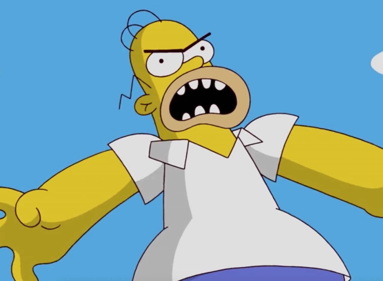 a poorly drawn Homer Simpson is angry