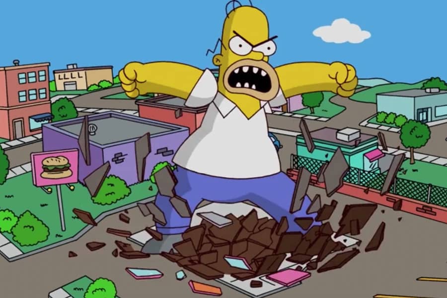 Homer has grown huge, smashing the restaurant to dust