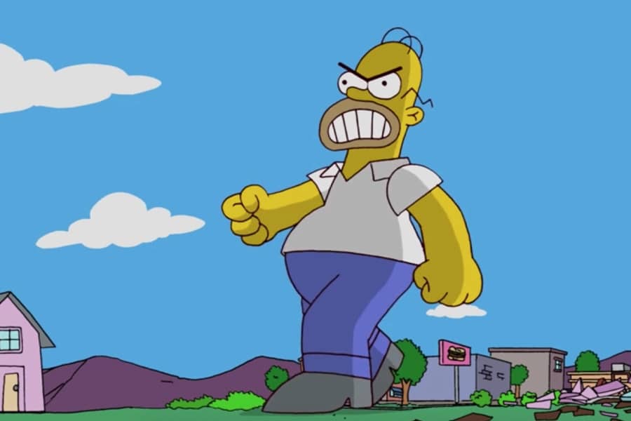 Homer is a giant, stomping away from the city