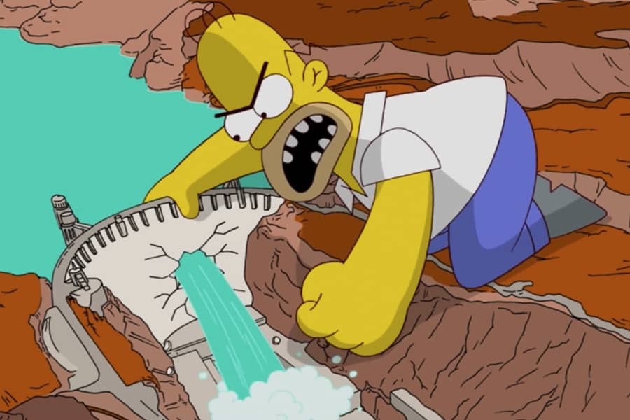 Homer punches a hole in the Hoover dam and water gushes out