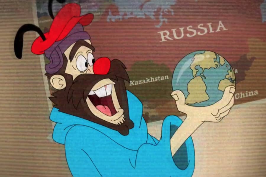 human version of Wakkov holding a small globe in front of map of Russia