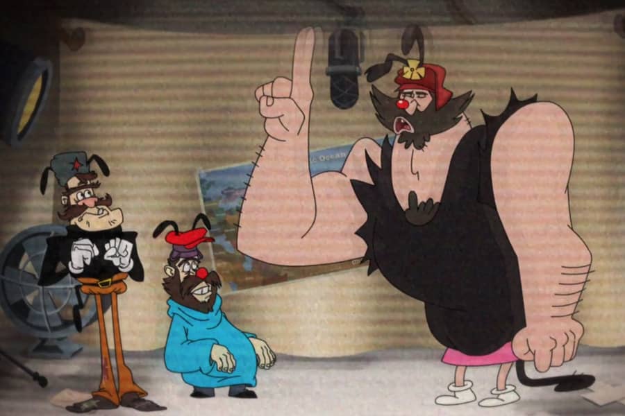 human Yakkov, Wakkov and Dotski talking into a boom mic
