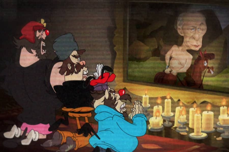 human Yakkov, Wakkov and Dotski praying in front of a Putin painting