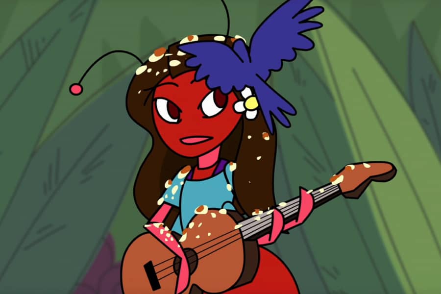 Asia playing guitar, covered in bird feed