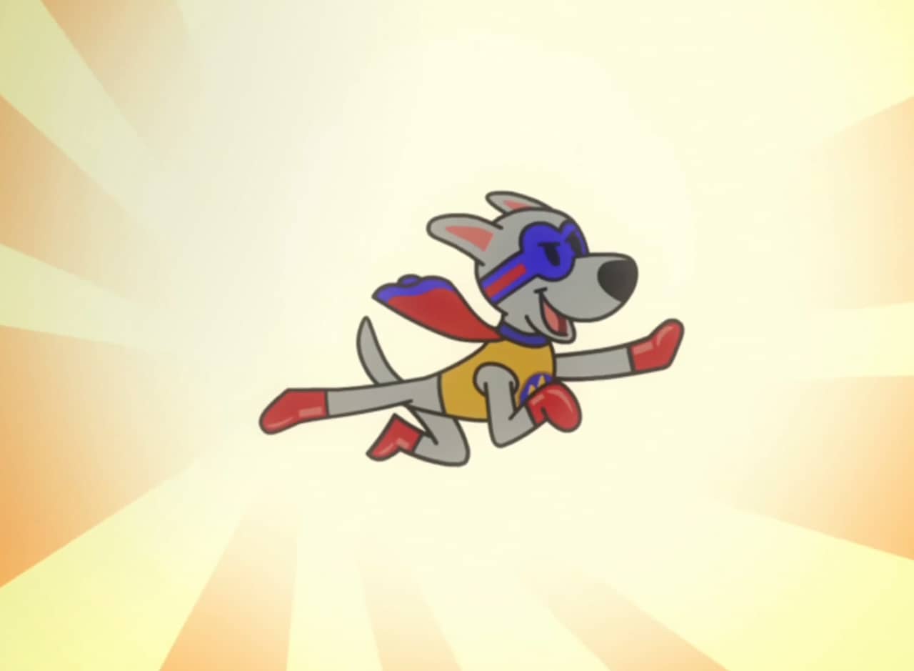 Apollo, a grey dog superhero with cape and mask