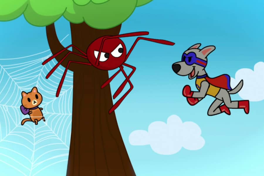 Apollo ready to fight a giant spider who has a cat trapped in her web