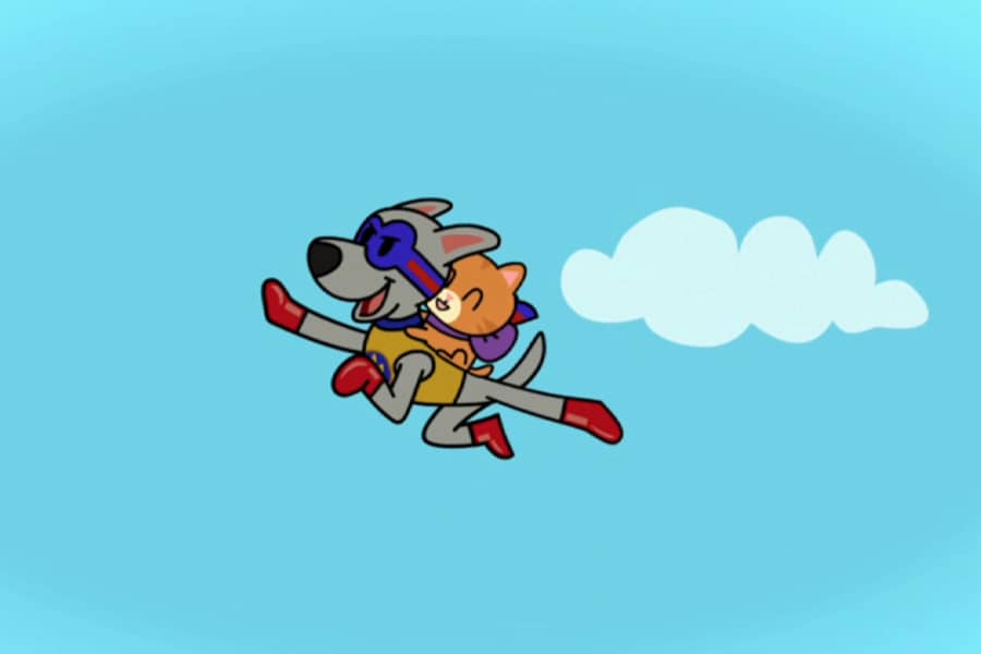 Apollo flying off into the sky with the cat on his back