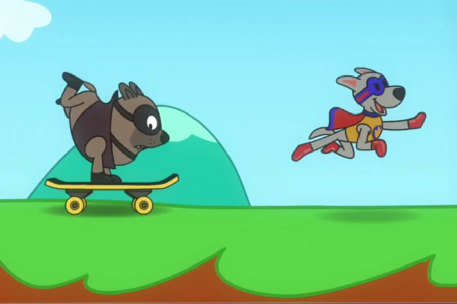 Apollo taking off while another dog rides on a skateboard