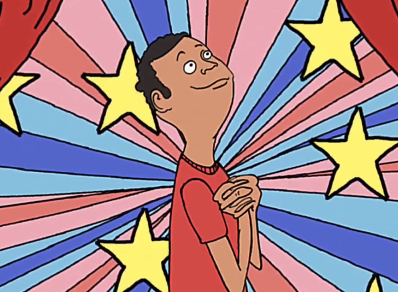man clutching his heart with hope, surrounded by stars