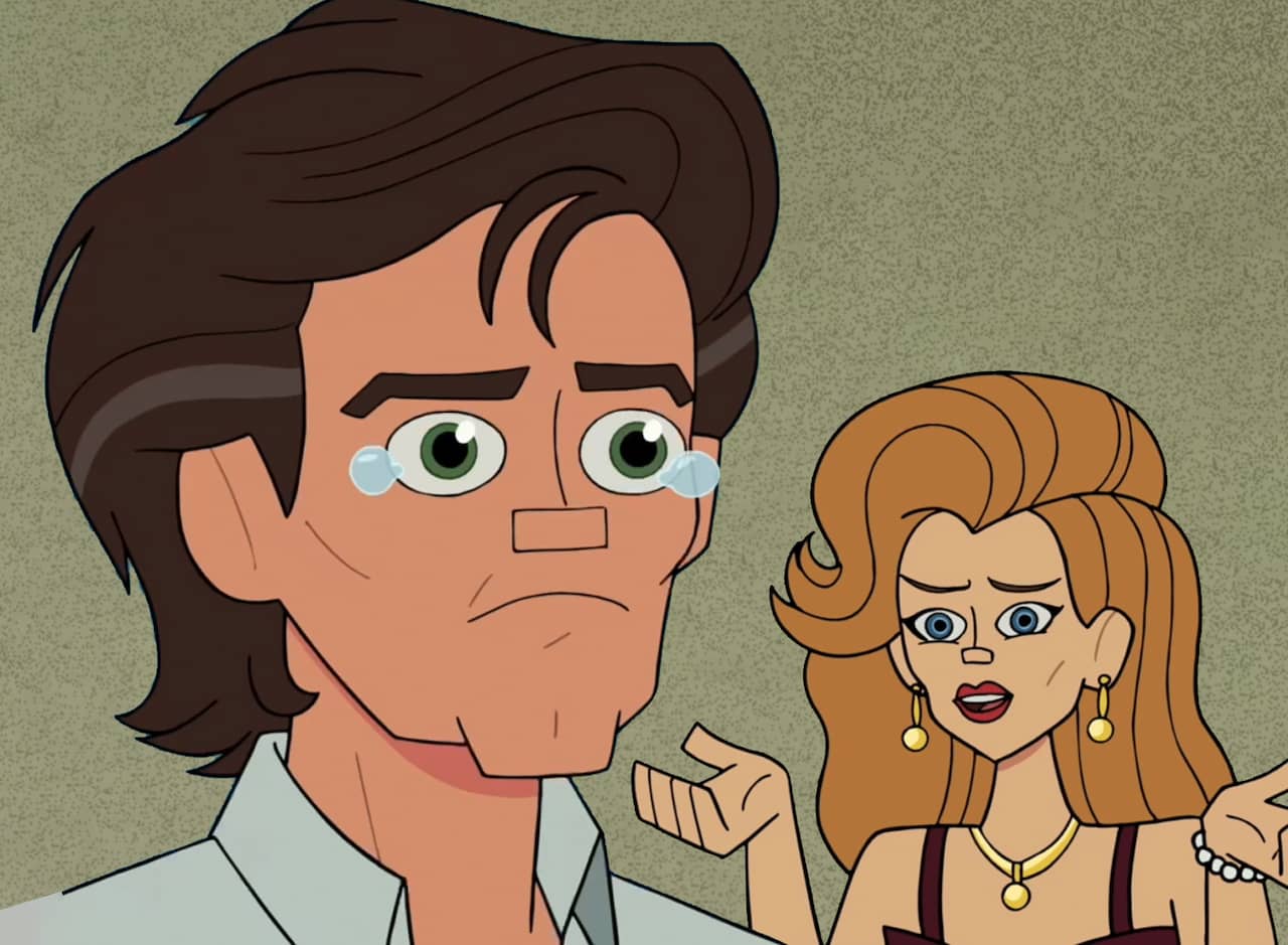 a man crying and a woman shrugging