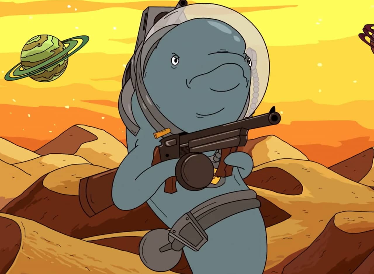 a dolphin in an astronaut helmet on a desert planet pointing a machine gun