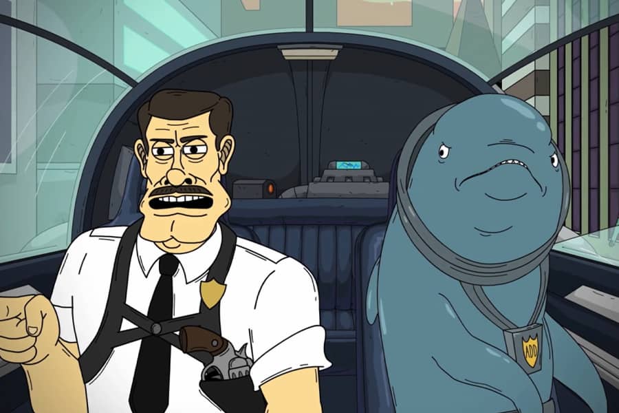 Astronaut Dolphin in a car with his human detective partner