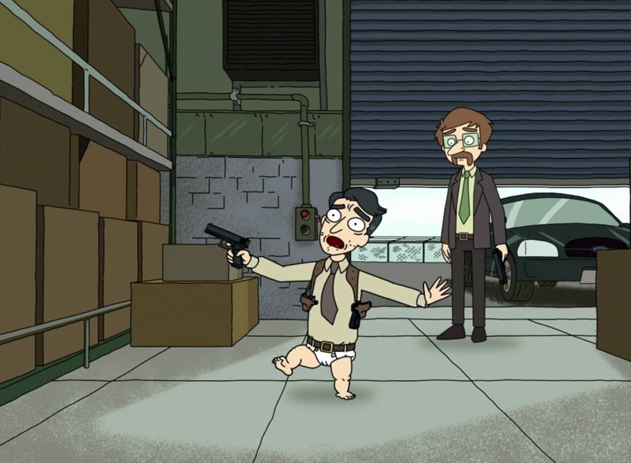 a gun-wielding detective has baby legs (diaper and all) and has difficulty walking