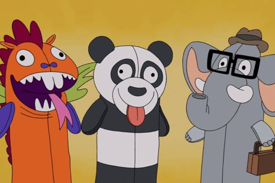puppet panda, dragon, and elephant