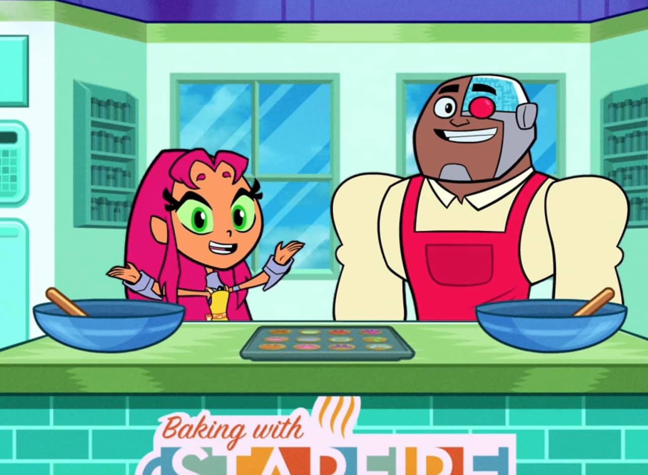 Starfire with Cyborg in a kitchen set