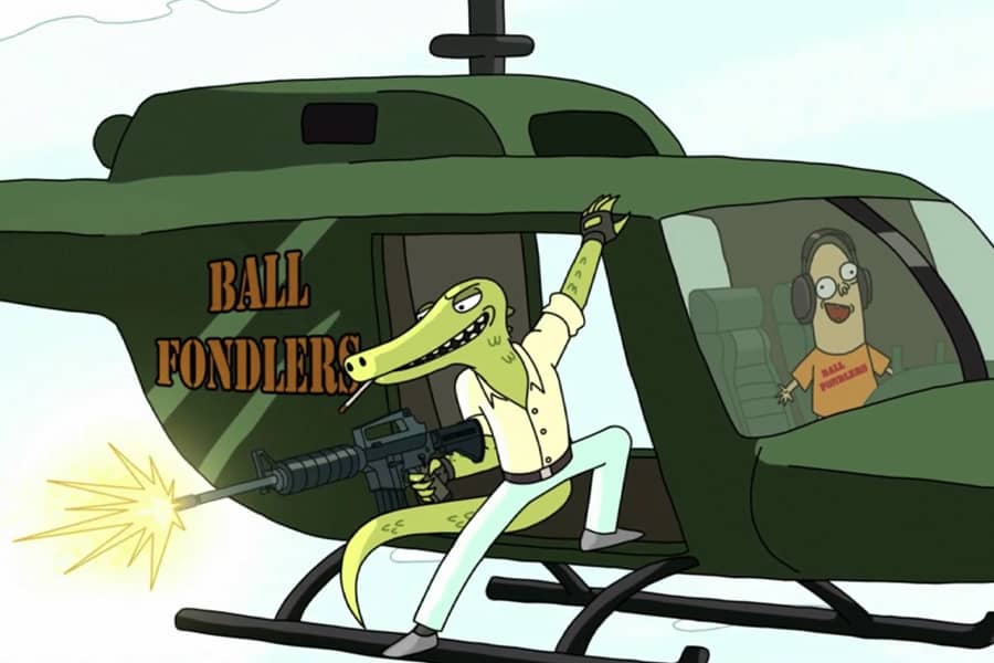 an alligator man shoots a gun while hanging on to the side of a helicopter