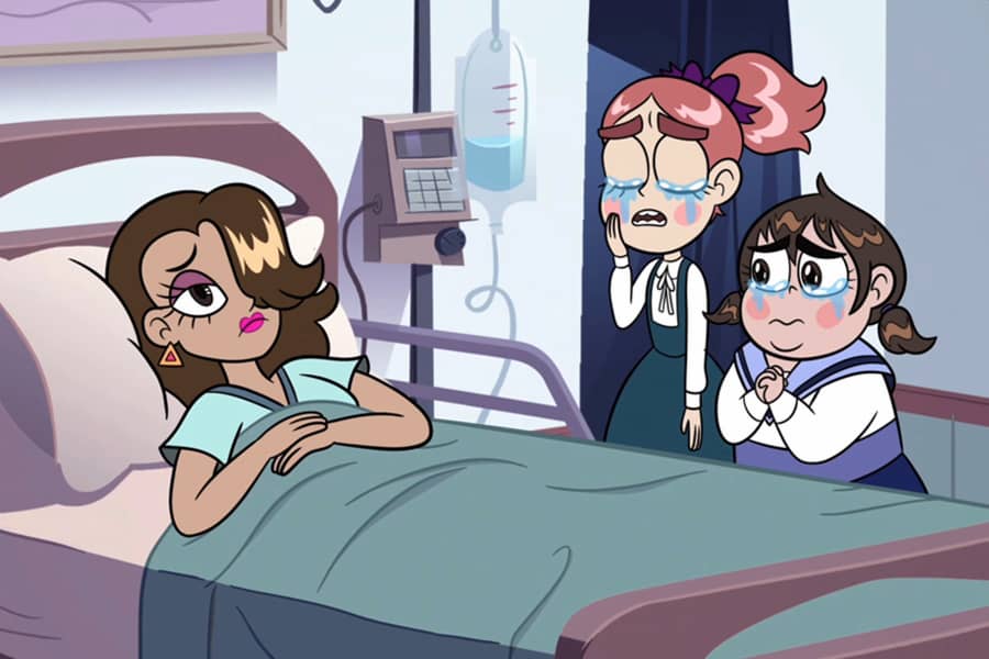 singer in a hospital bed while two fans cry