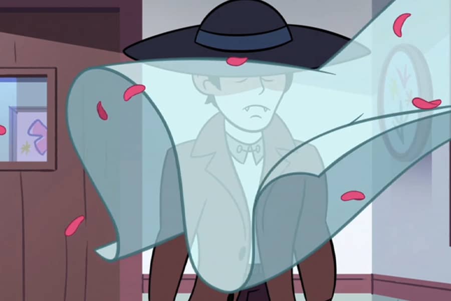 vampire stands behind a billowing sheer curtain