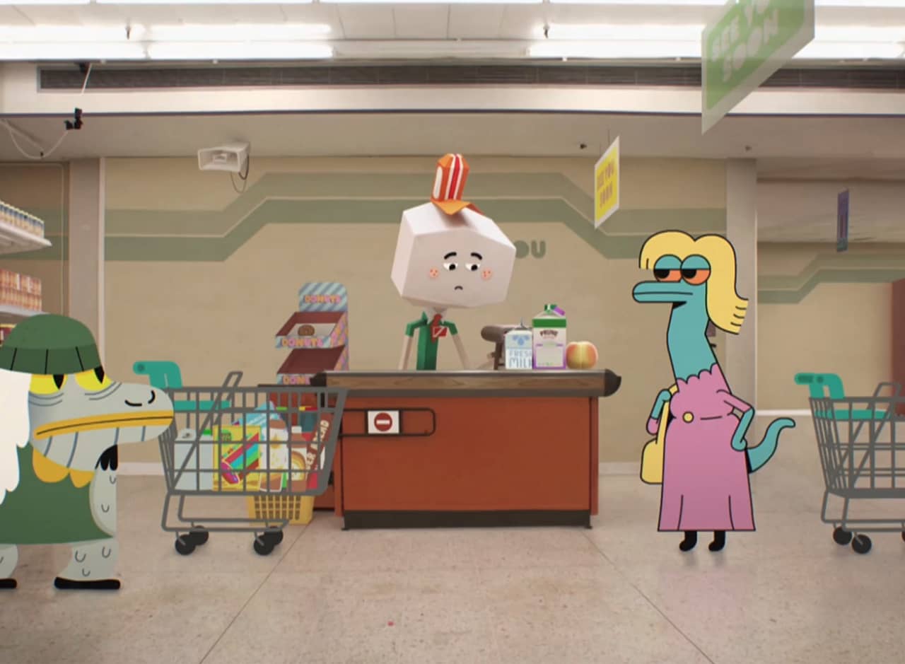 Laurence working the checkout at a grocery store