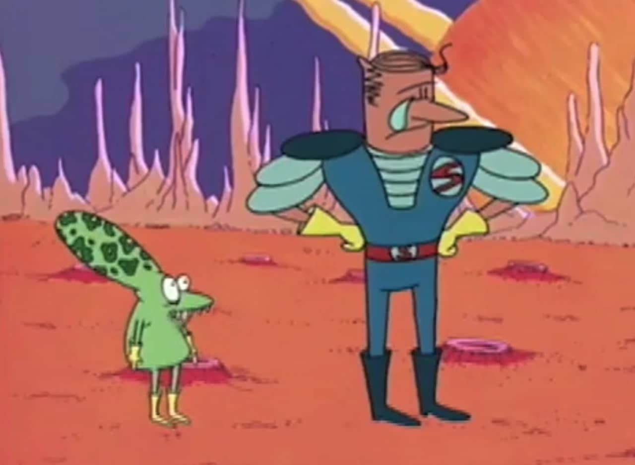 Captain Slax crying with a little green alien friend