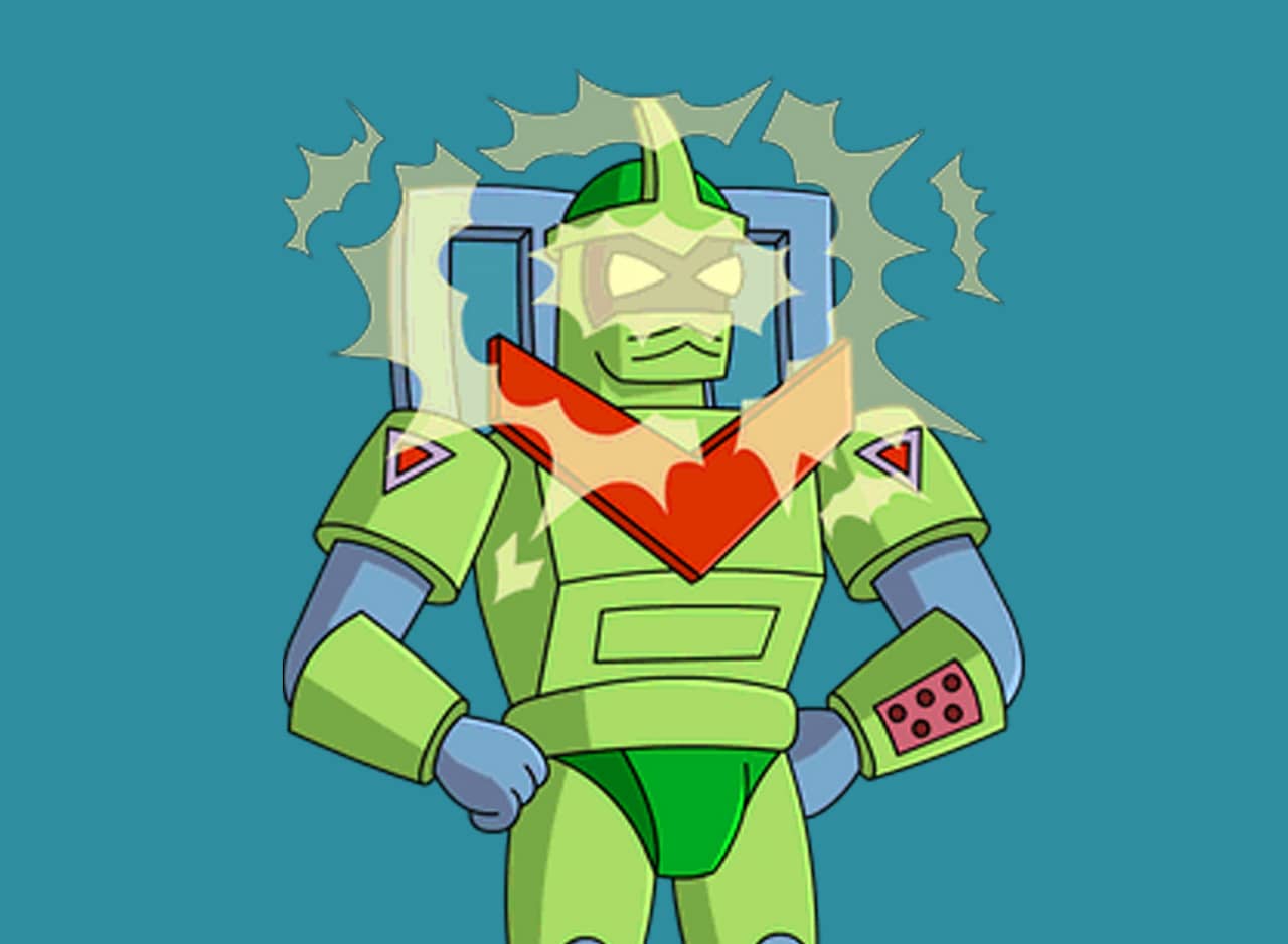 robot with flashing light coming out of its eyes