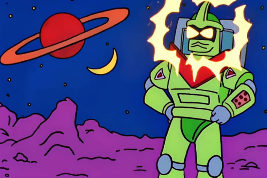 robot with eyes flashing on an alien planet
