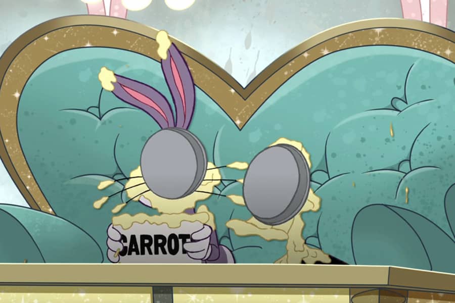 Bugs and Daffy with pies in the face, Bugs is holding a sign that says Carrots