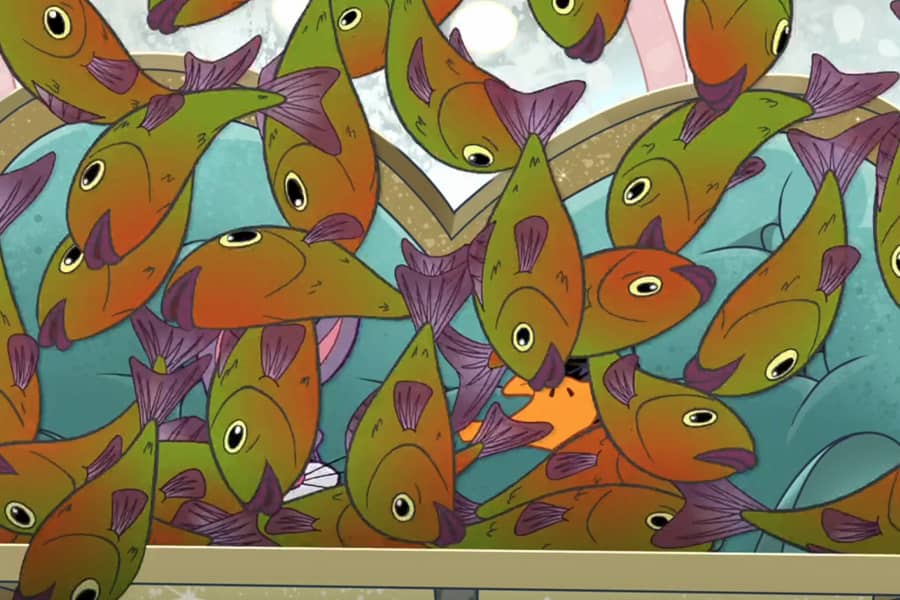 Bugs and Daffy are hidden by lots of falling fish