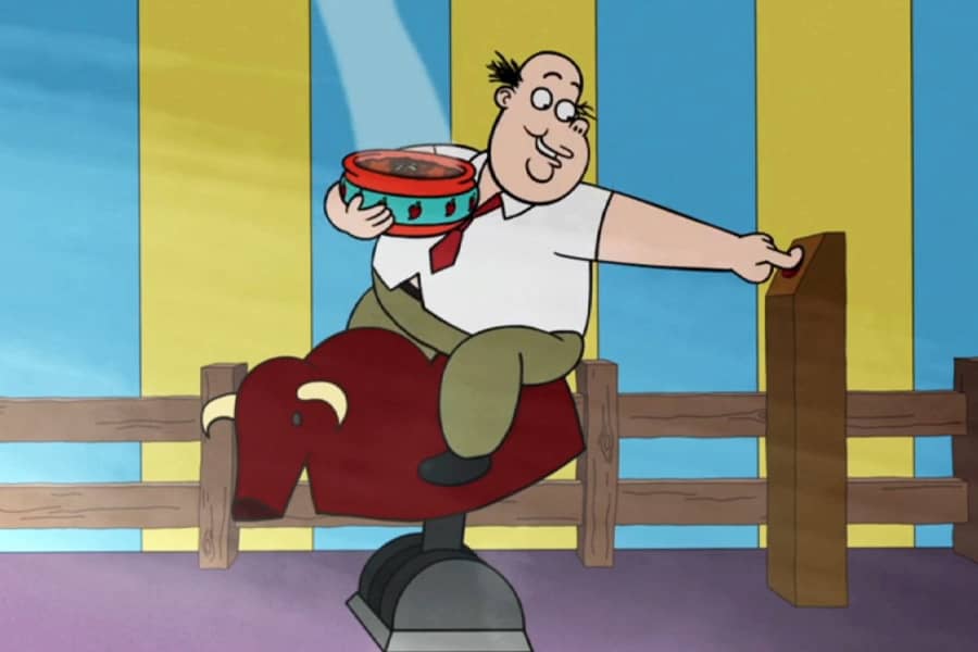 oaf with his chili on a mechanical bull