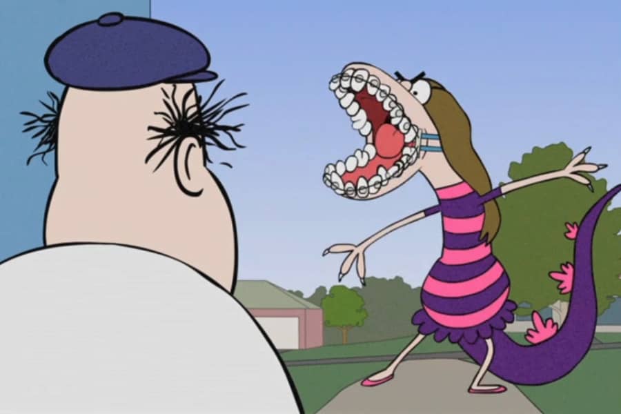 bald oaf opening his door to see a teen girl monster with braces