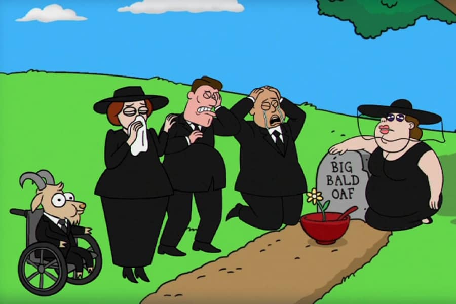 family mourning big bald oaf at his funeral