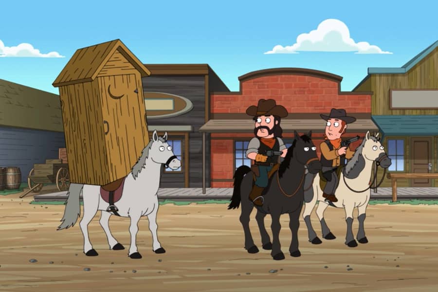 the outlaws are surprised by a horse carrying an outhouse