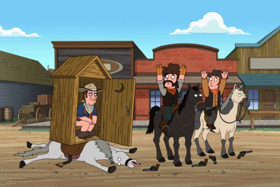 the outlaws surrender as the horse collapses under the weight of the outhouse, now open to reveal Big Bill Doyle sitting inside