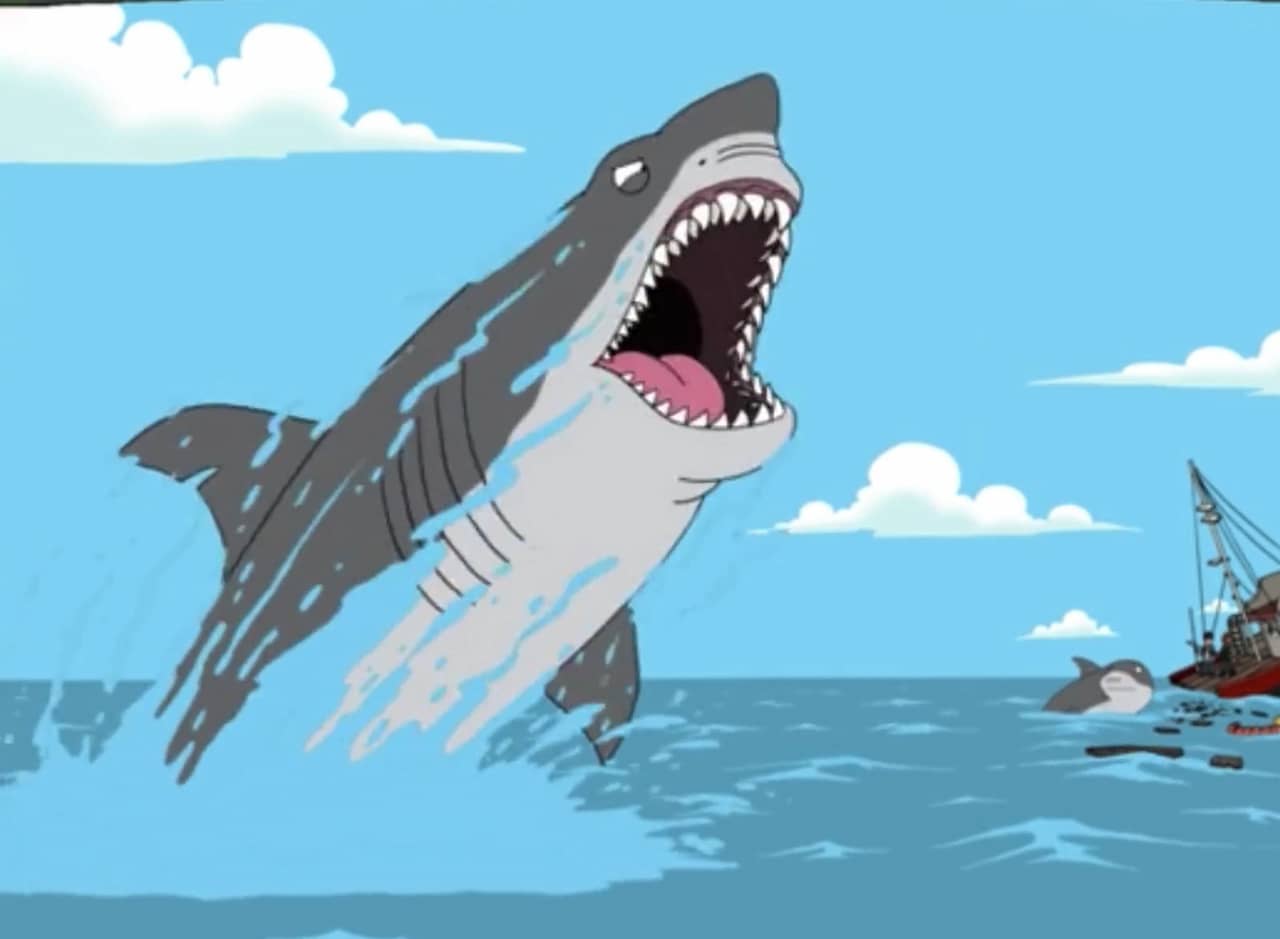 a huge shark jumping out of the water, a smaller shark and boat in the background